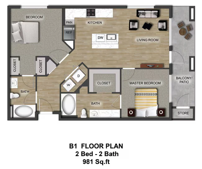 2 Bedroom 2 Bathroom C325 floor plan